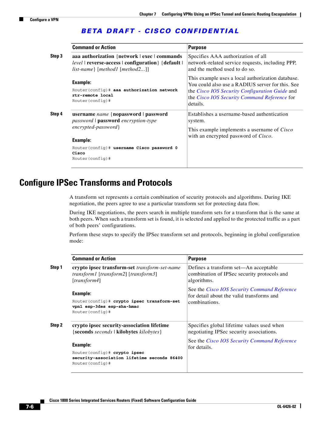 Cisco Systems OL-6426-02 manual Configure IPSec Transforms and Protocols, Method used to do so 