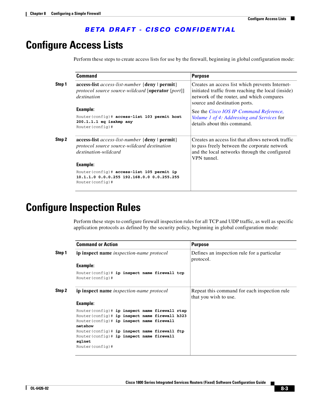 Cisco Systems OL-6426-02 manual Configure Access Lists, Configure Inspection Rules, Details about this command 