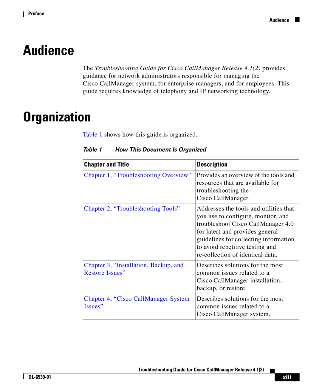 Cisco Systems OL-6539-01 manual Audience, Organization, Xiii 