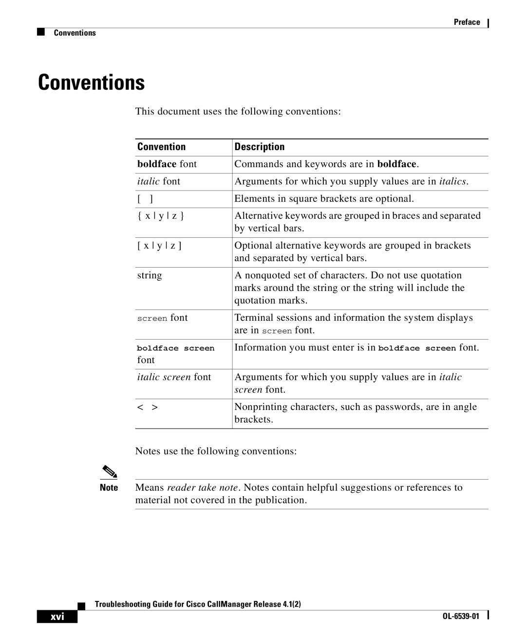 Cisco Systems OL-6539-01 manual Conventions, Xvi 