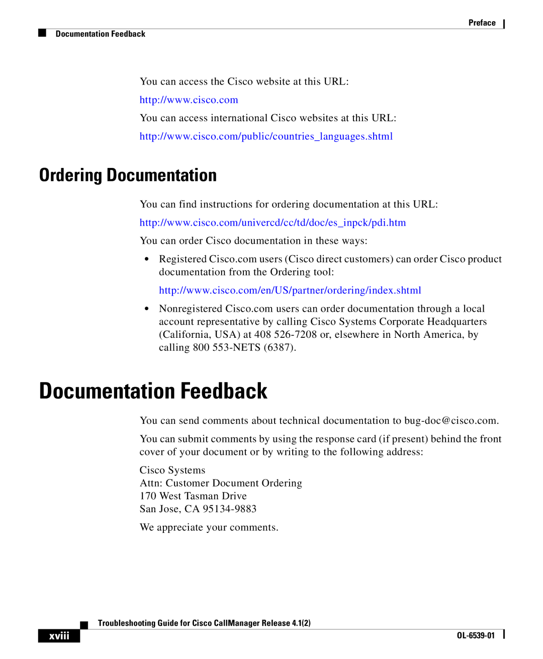 Cisco Systems OL-6539-01 manual Documentation Feedback, Ordering Documentation, Xviii 