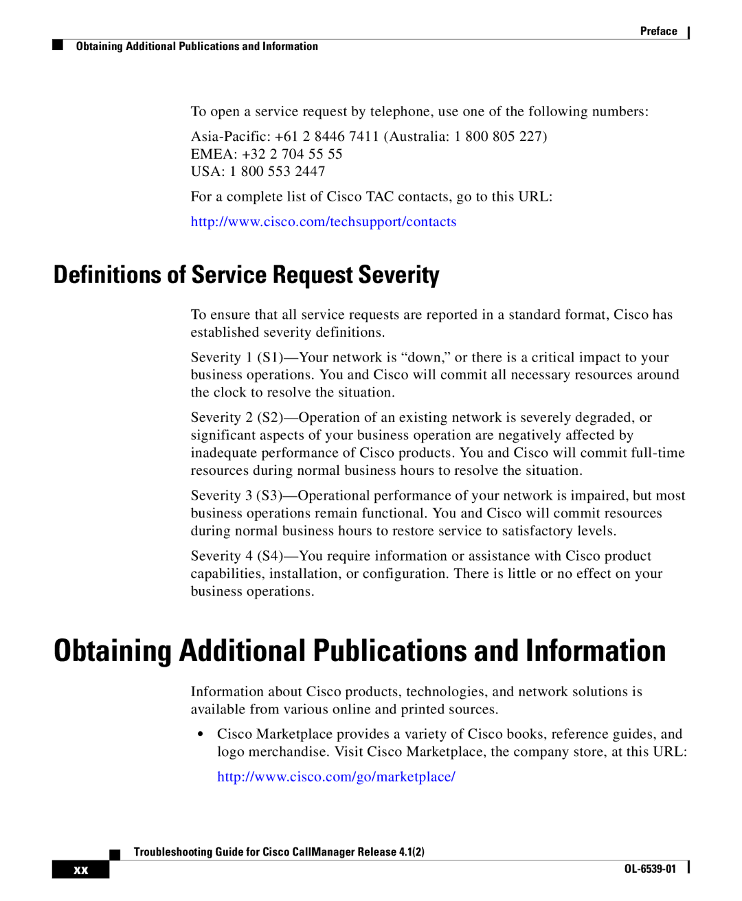 Cisco Systems OL-6539-01 manual Obtaining Additional Publications and Information, Definitions of Service Request Severity 