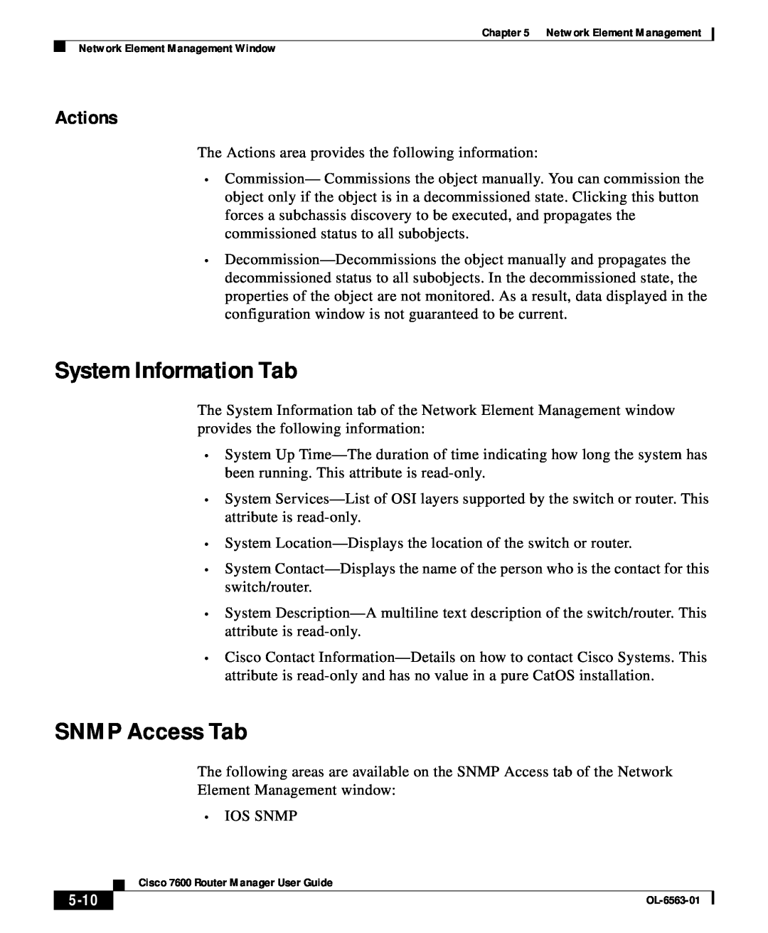 Cisco Systems OL-6563-01 manual System Information Tab, SNMP Access Tab, Actions, 5-10 