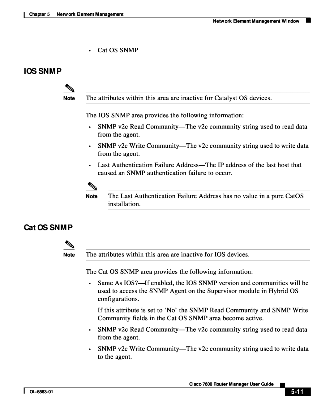 Cisco Systems OL-6563-01 manual Ios Snmp, Cat OS SNMP, 5-11 