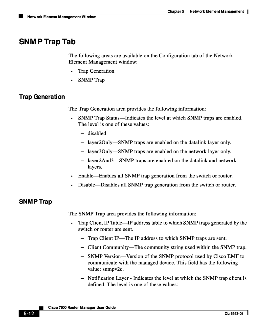 Cisco Systems OL-6563-01 manual SNMP Trap Tab, Trap Generation, 5-12 