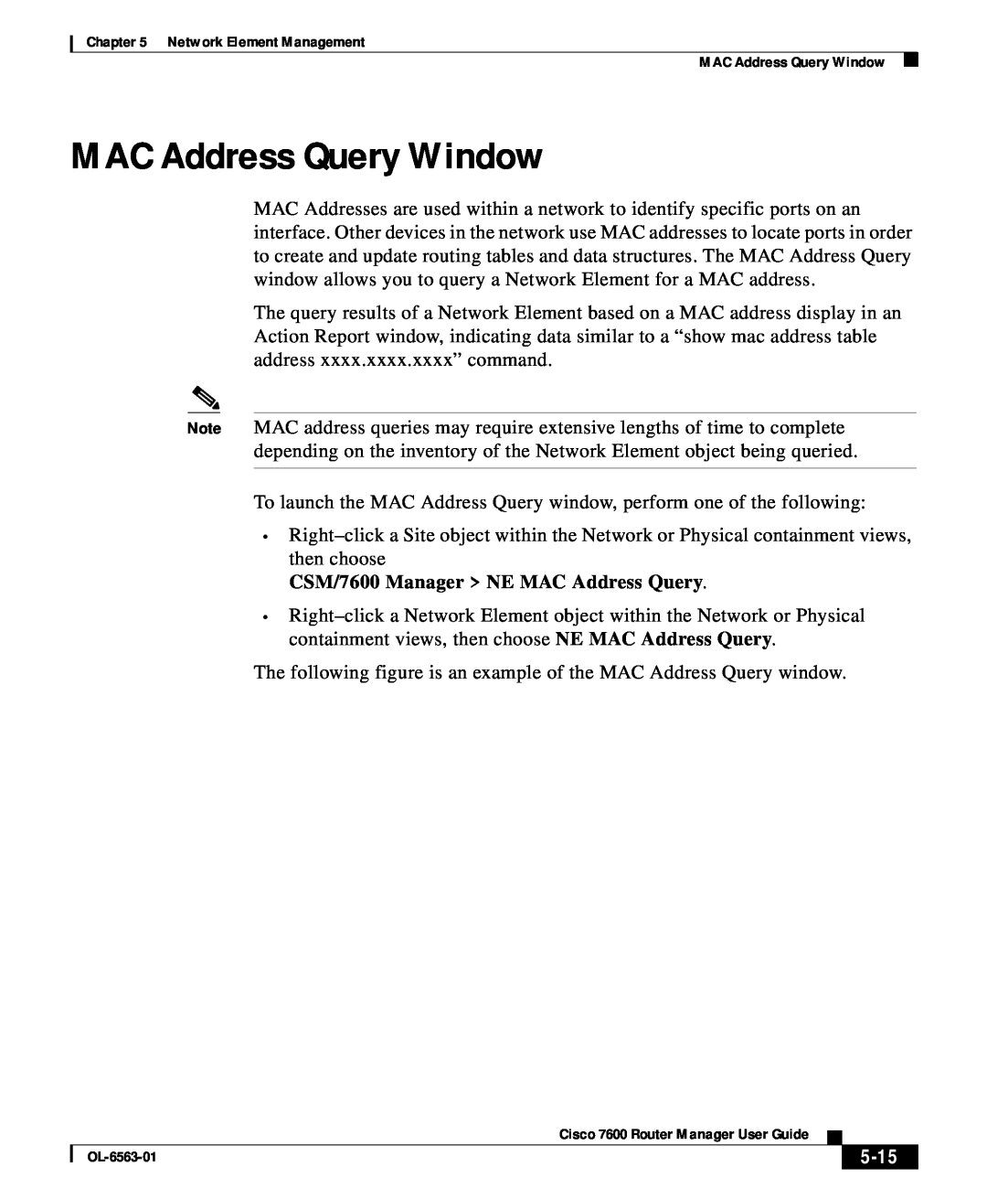 Cisco Systems OL-6563-01 manual MAC Address Query Window, CSM/7600 Manager NE MAC Address Query, 5-15 