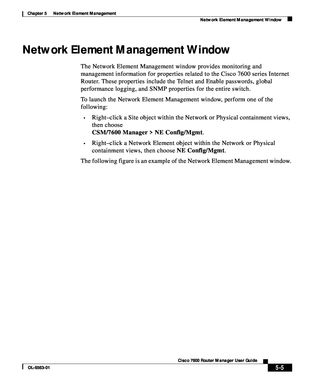 Cisco Systems OL-6563-01 manual Network Element Management Window, CSM/7600 Manager NE Config/Mgmt 