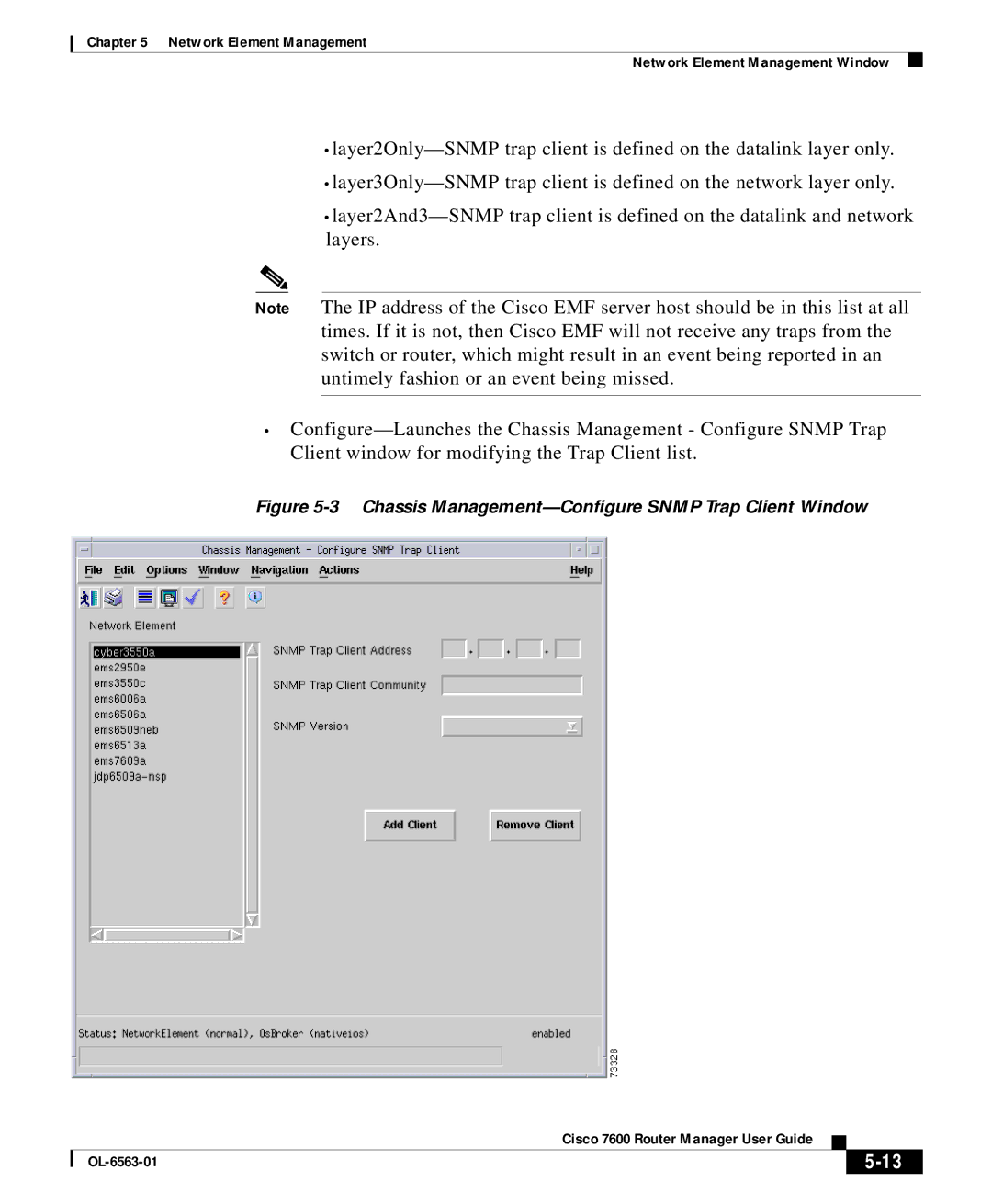 Cisco Systems OL-6563-01 manual Chassis Management-Configure Snmp Trap Client Window 