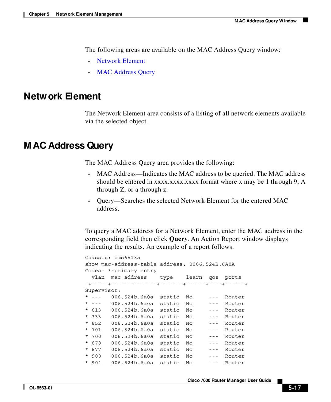 Cisco Systems OL-6563-01 manual Network Element, MAC Address Query 