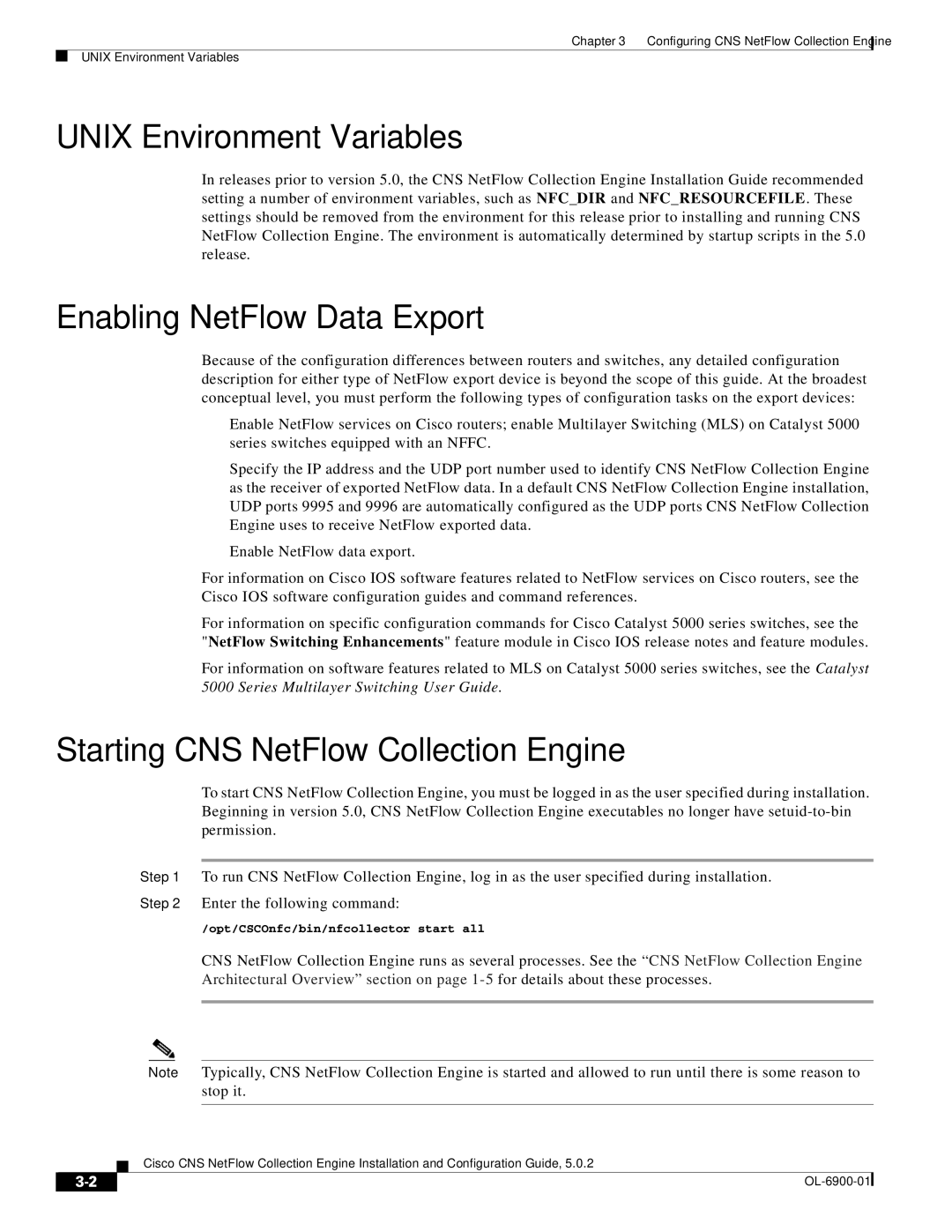 Cisco Systems OL-6900-01 Unix Environment Variables, Enabling NetFlow Data Export, Starting CNS NetFlow Collection Engine 