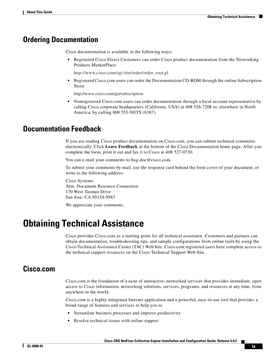 Cisco Systems OL-6900-01 manual Obtaining Technical Assistance, Ordering Documentation, Documentation Feedback, Cisco.com 