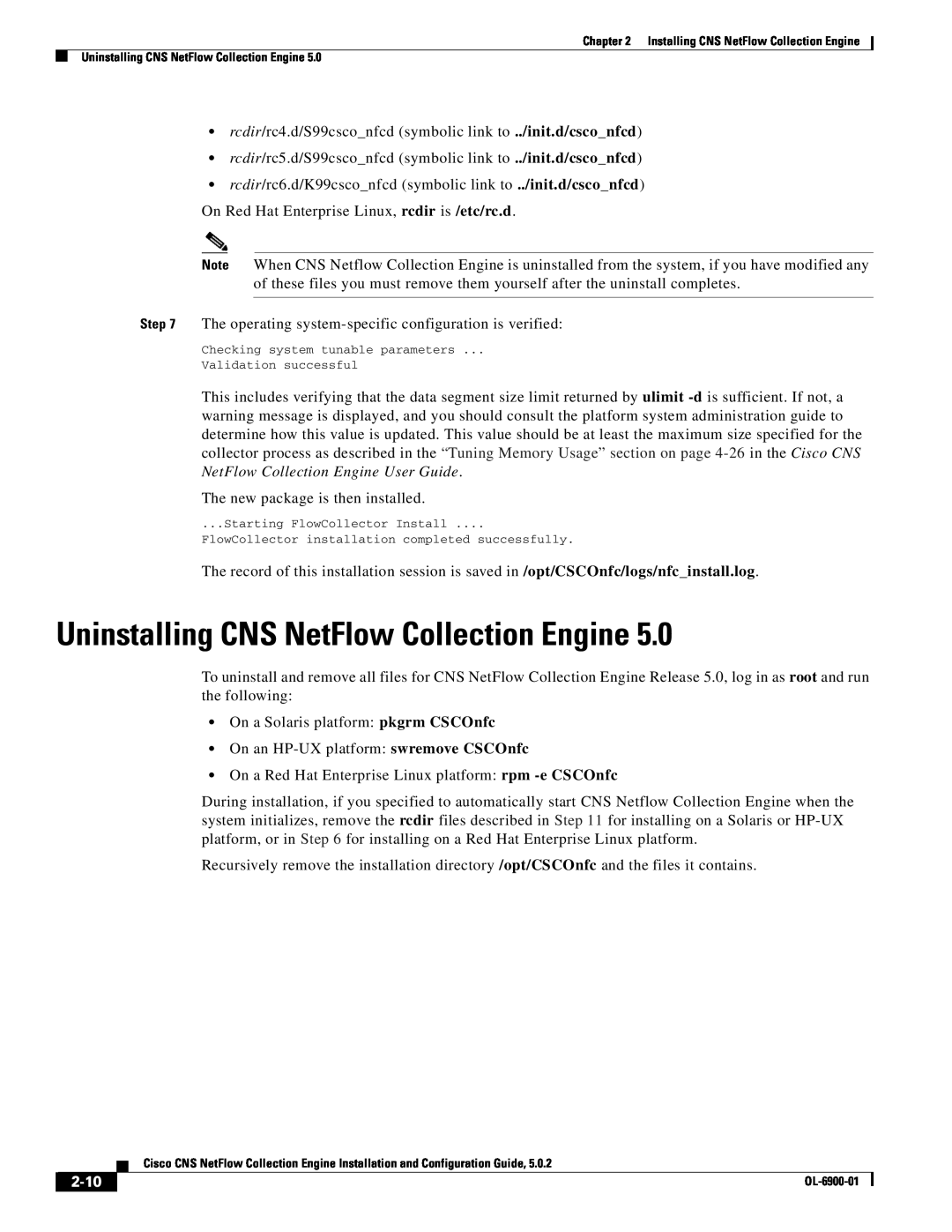 Cisco Systems OL-6900-01 manual Uninstalling CNS NetFlow Collection Engine, 2-10, Starting FlowCollector Install 