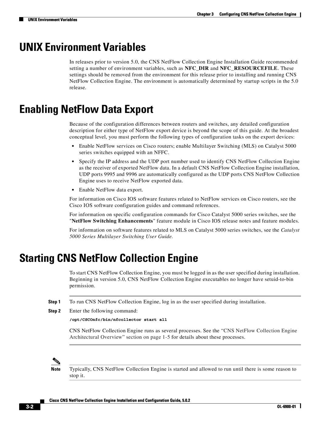 Cisco Systems OL-6900-01 UNIX Environment Variables, Enabling NetFlow Data Export, Starting CNS NetFlow Collection Engine 