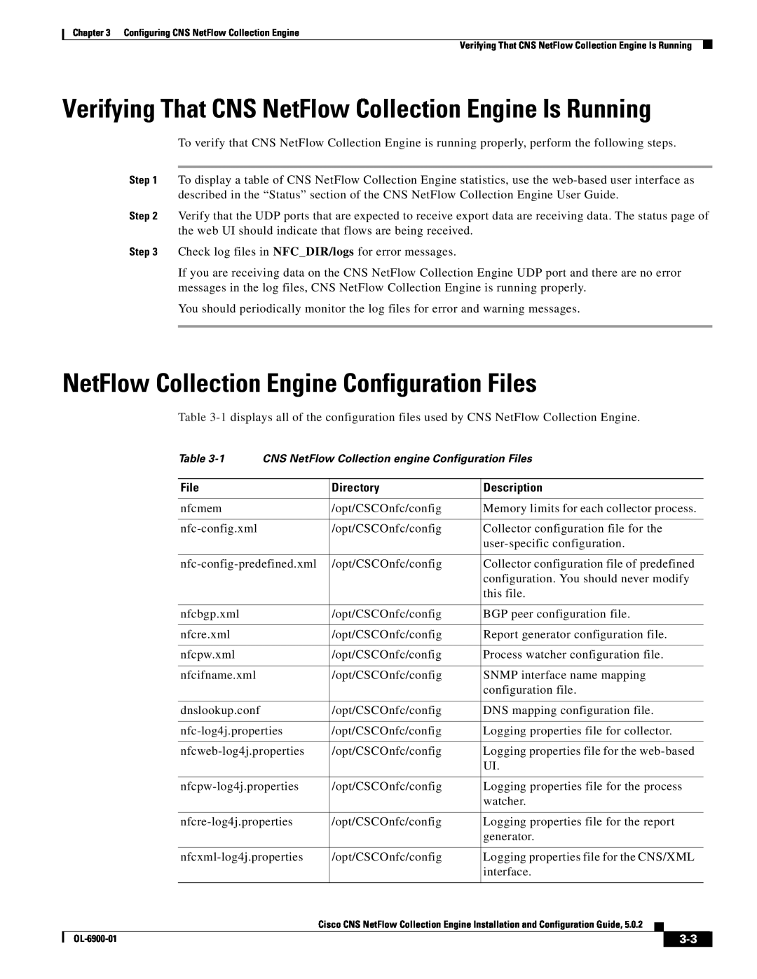 Cisco Systems OL-6900-01 manual NetFlow Collection Engine Configuration Files, Directory, Description 