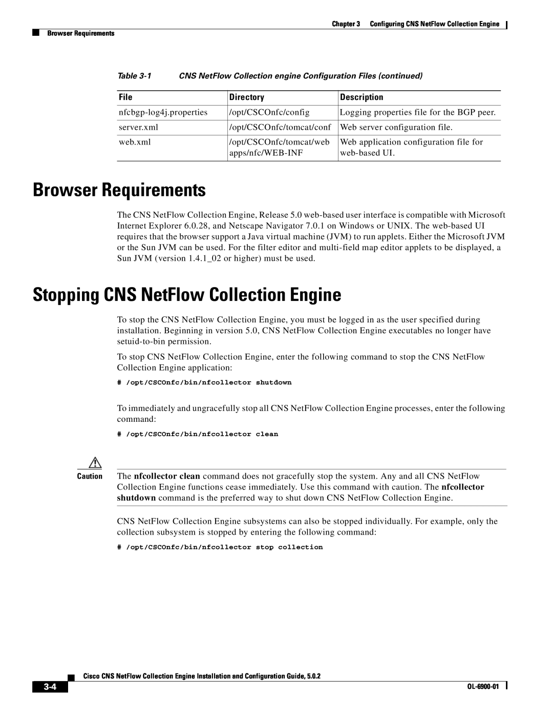 Cisco Systems OL-6900-01 manual Browser Requirements, Stopping CNS NetFlow Collection Engine, File, Directory, Description 
