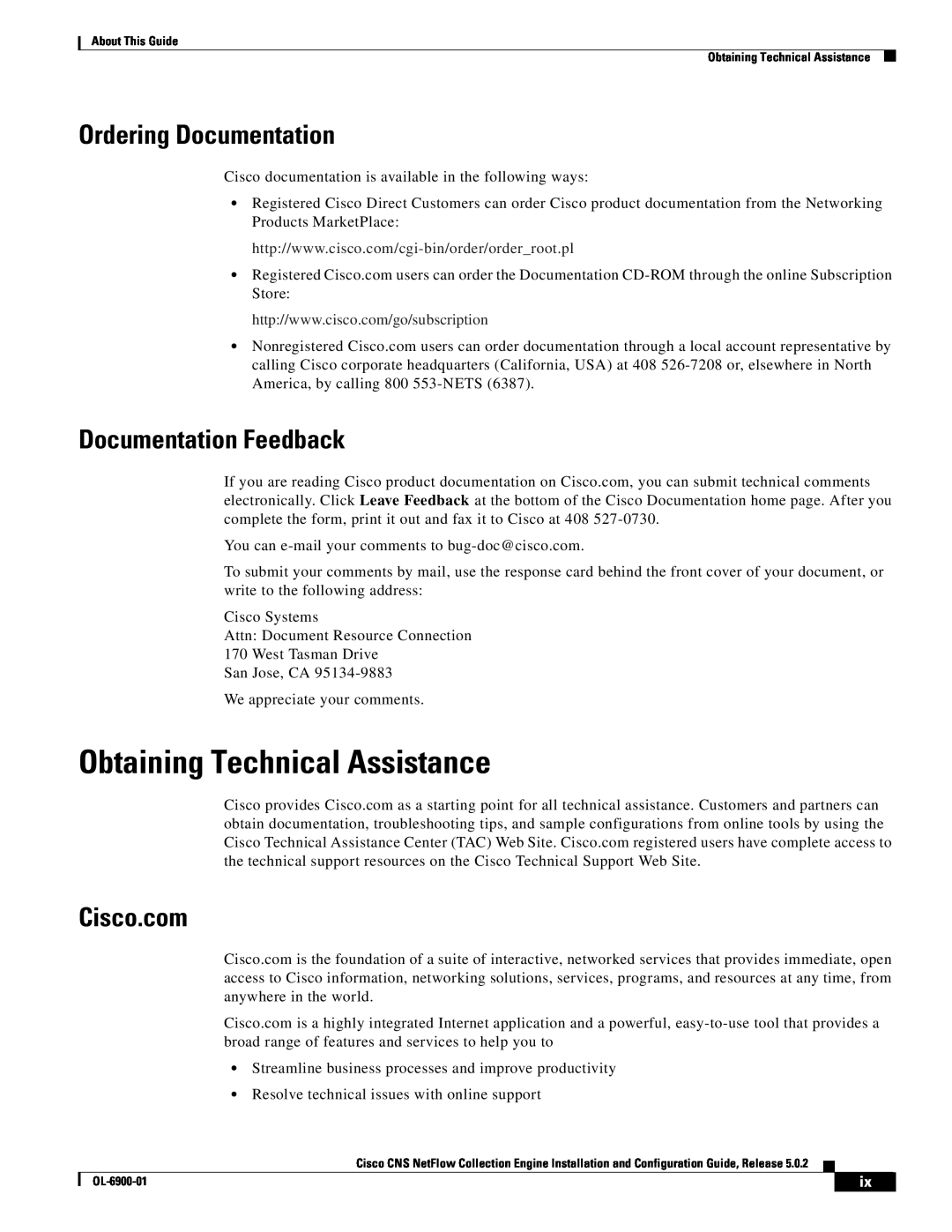 Cisco Systems OL-6900-01 manual Obtaining Technical Assistance, Ordering Documentation, Documentation Feedback, Cisco.com 