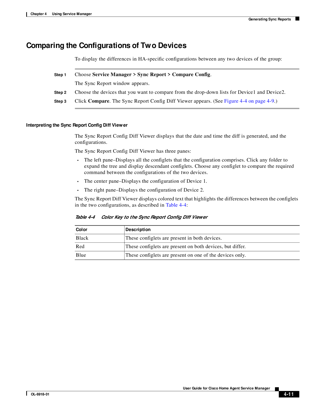 Cisco Systems OL-6918-01 Comparing the Configurations of Two Devices, Choose Service Manager Sync Report Compare Config 