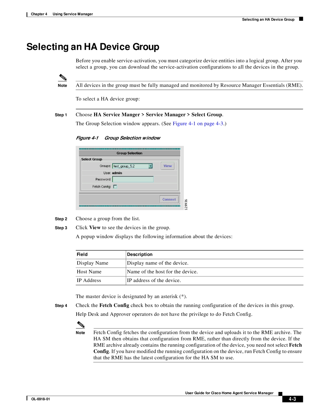 Cisco Systems OL-6918-01 manual Selecting an HA Device Group, Choose HA Service Manger Service Manager Select Group 