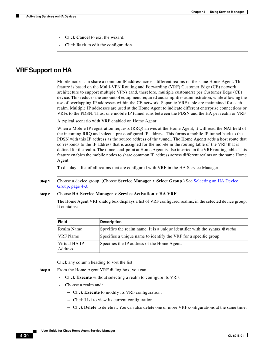 Cisco Systems OL-6918-01 manual VRF Support on HA, Choose HA Service Manager Service Activation HA VRF 