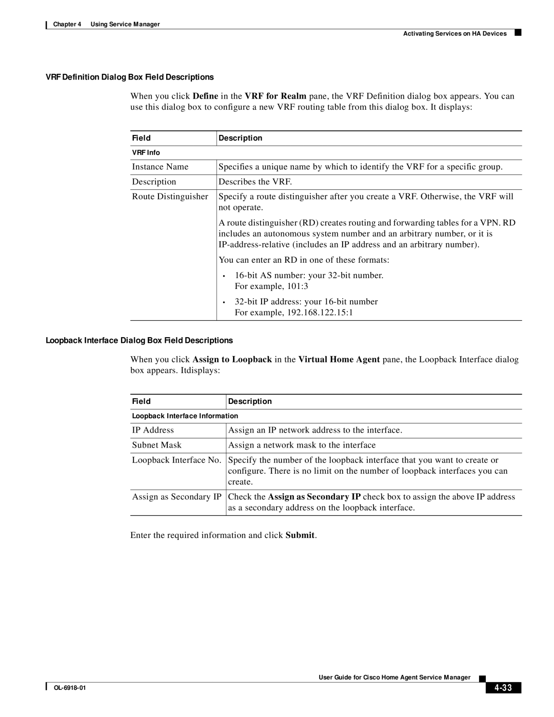 Cisco Systems OL-6918-01 manual VRF Definition Dialog Box Field Descriptions 