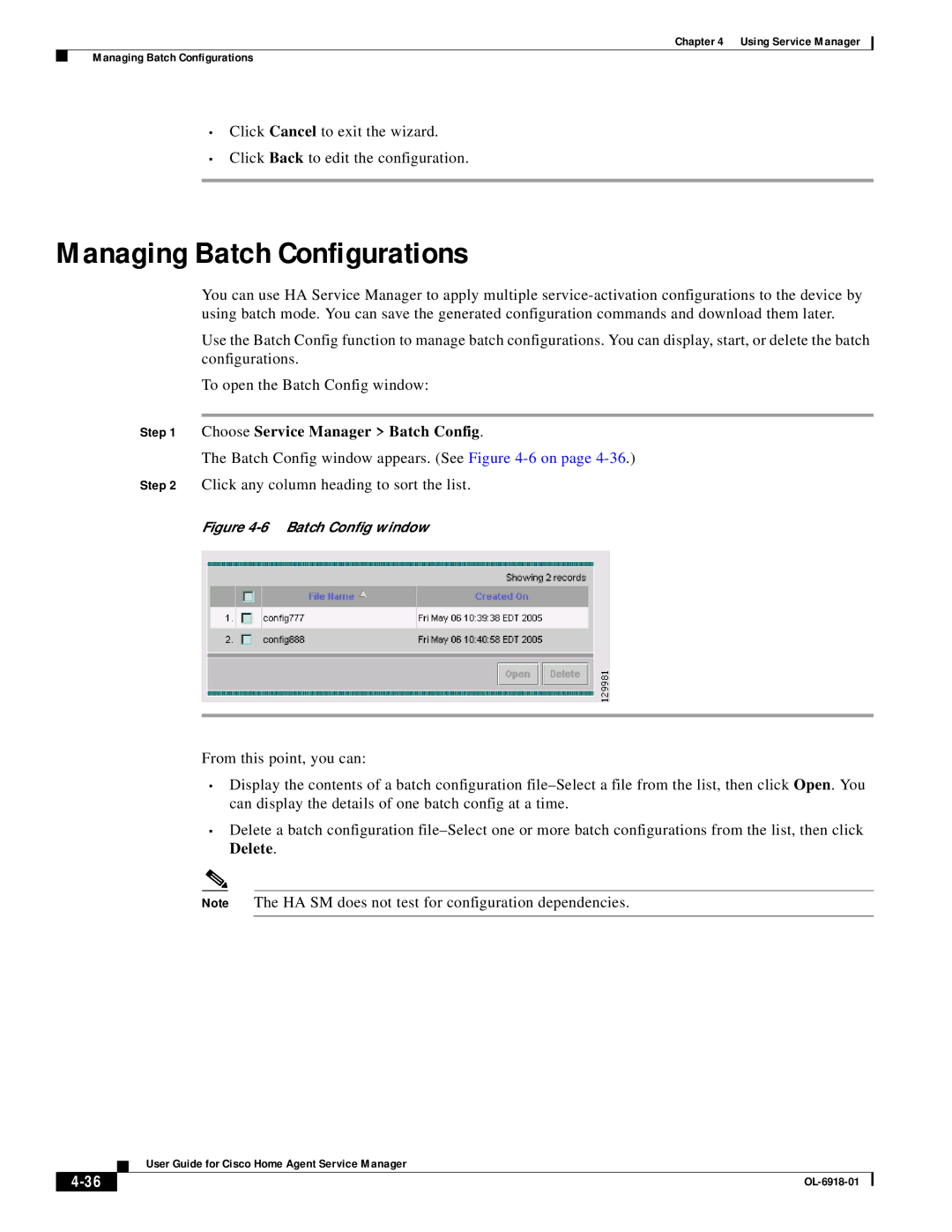 Cisco Systems OL-6918-01 manual Managing Batch Configurations, Choose Service Manager Batch Config 