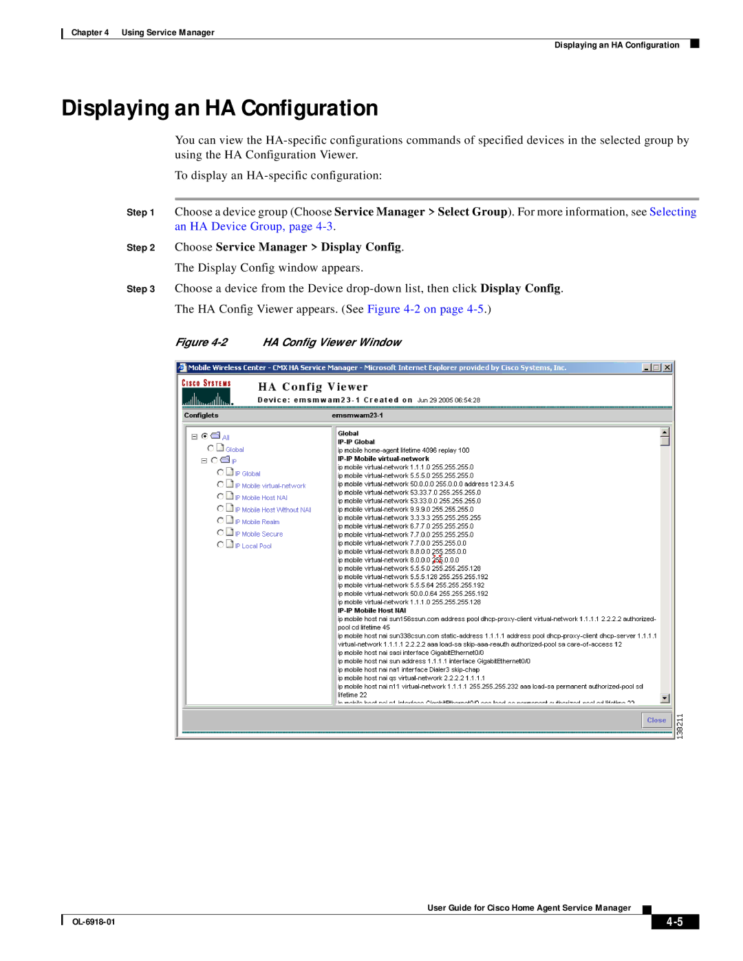 Cisco Systems OL-6918-01 manual Displaying an HA Configuration, Choose Service Manager Display Config 