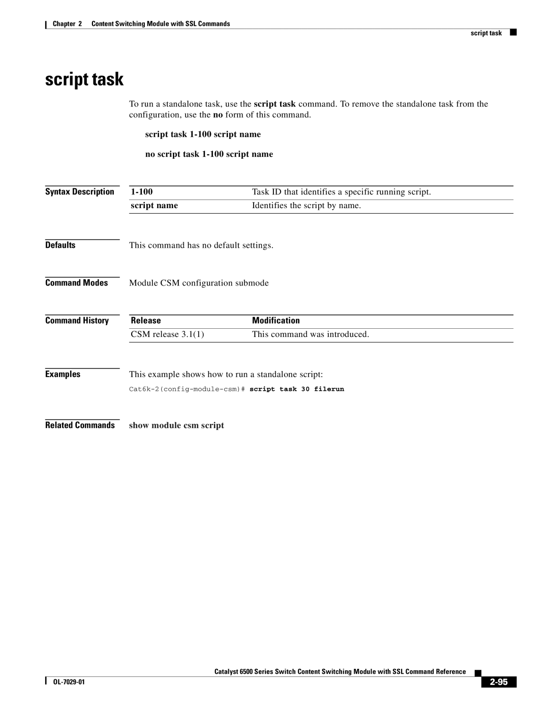 Cisco Systems OL-7029-01 manual Script task, 100, Script name, Show module csm script 