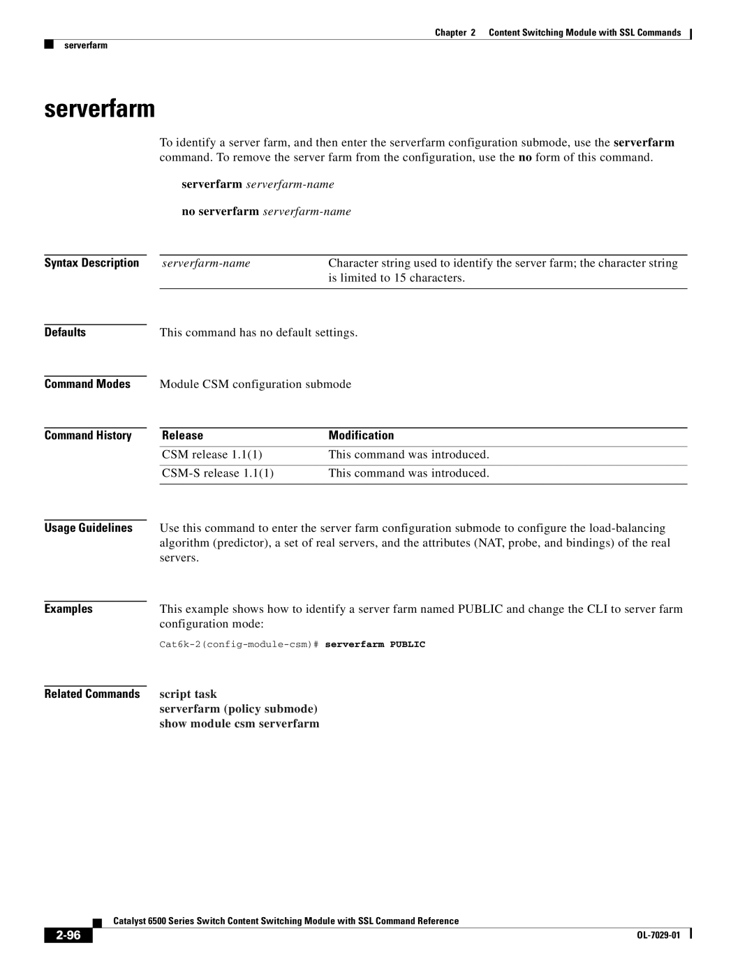 Cisco Systems OL-7029-01 manual Serverfarm serverfarm-name No serverfarm serverfarm-name 