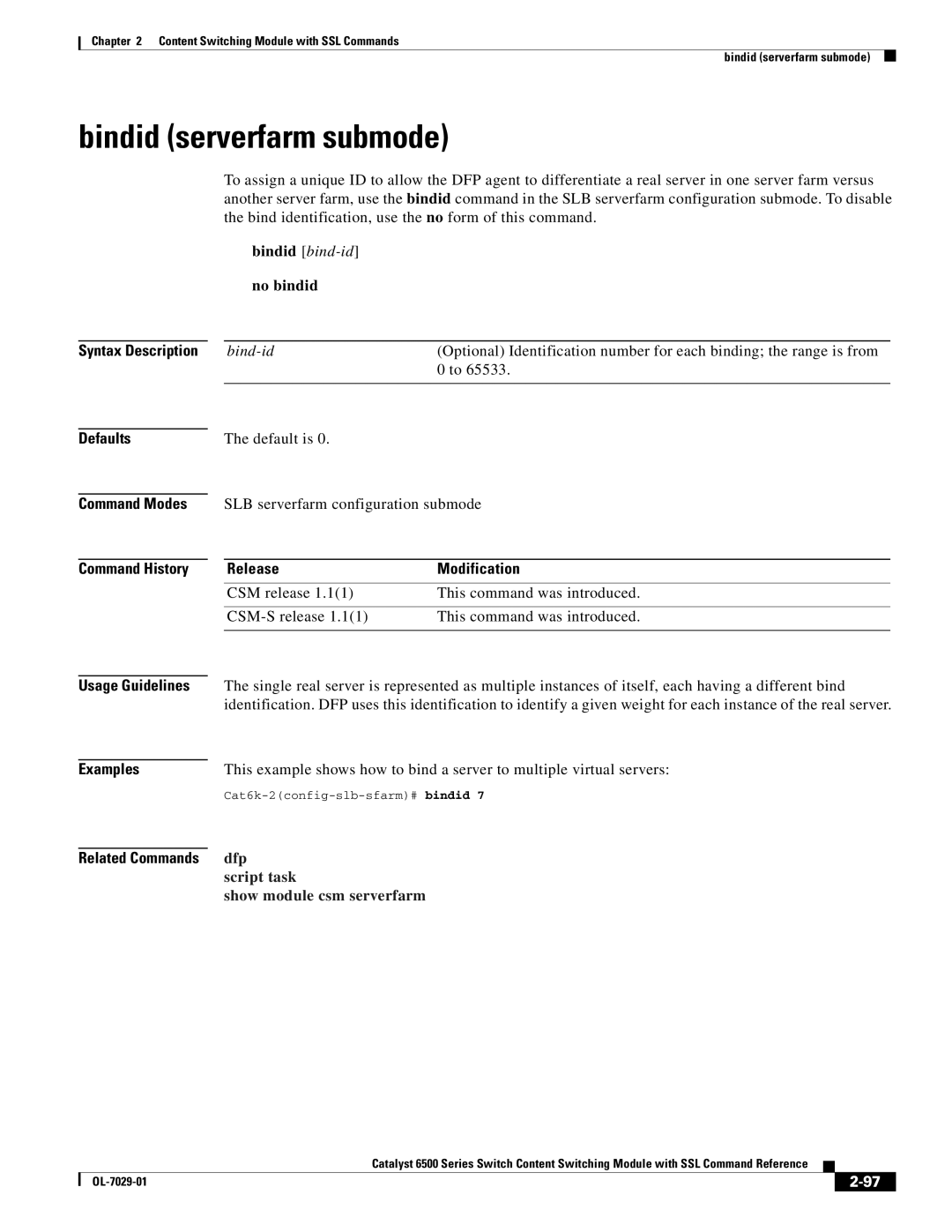 Cisco Systems OL-7029-01 Bindid serverfarm submode, Bindid bind-idno bindid, SLB serverfarm configuration submode, Dfp 