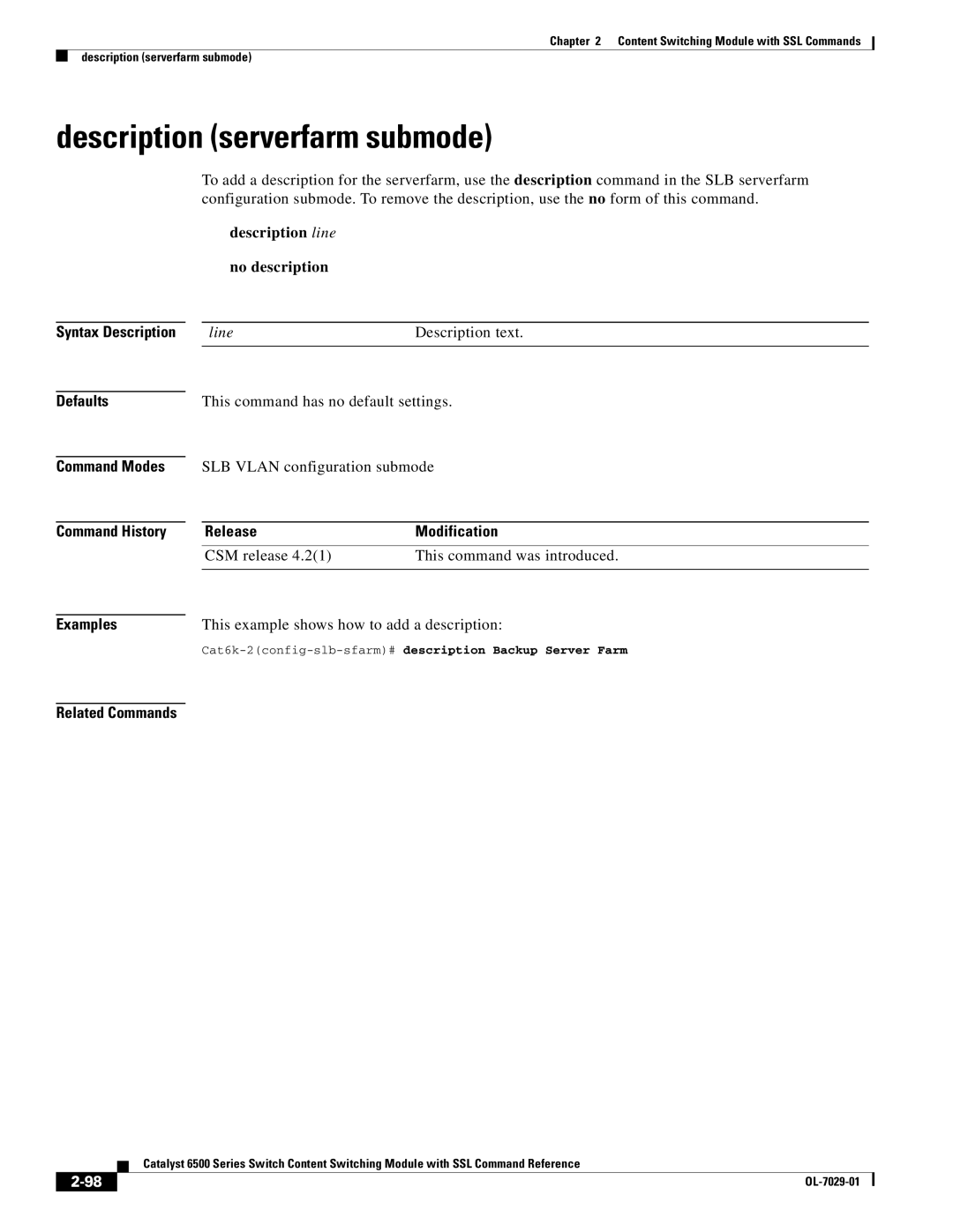 Cisco Systems OL-7029-01 manual CSM release This command was introduced, This example shows how to add a description 