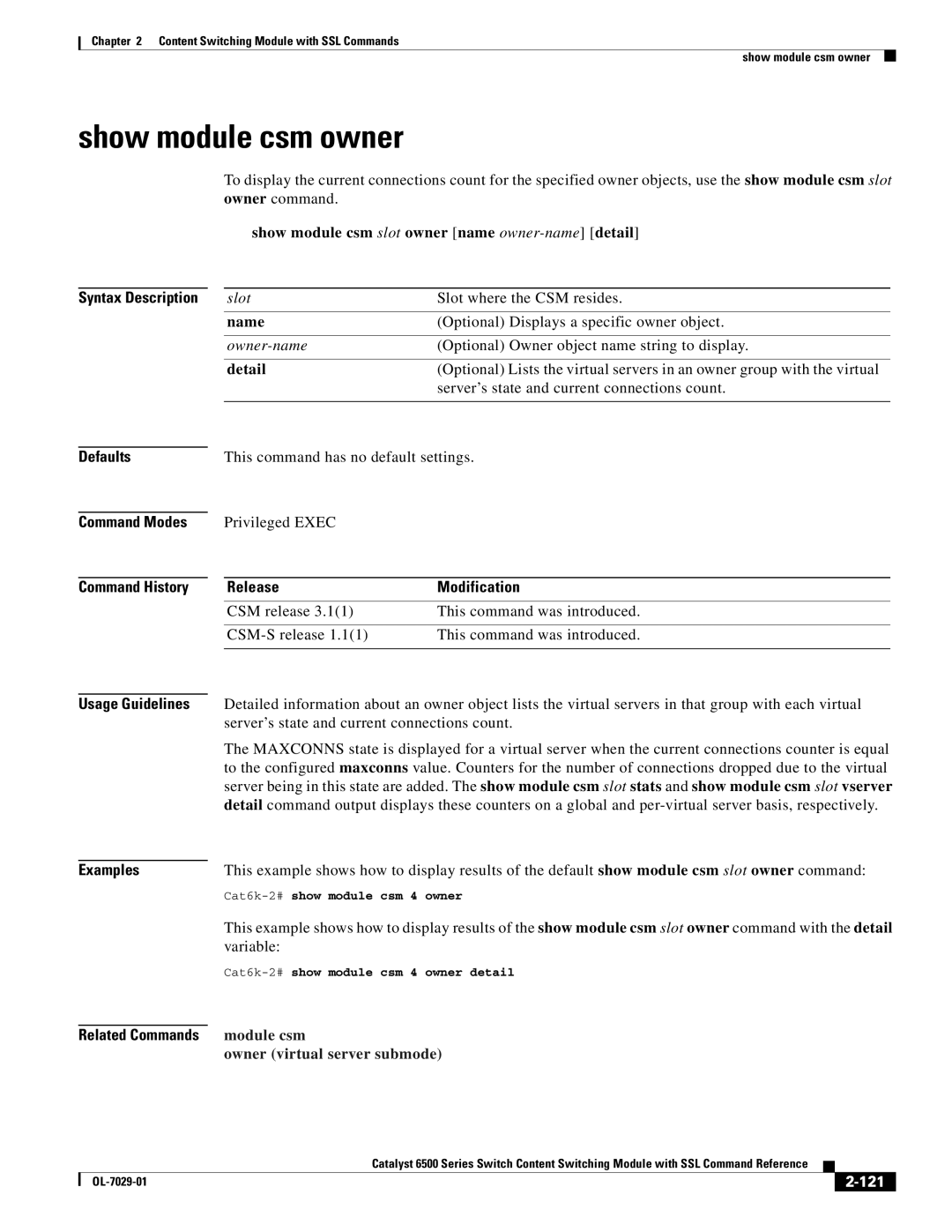 Cisco Systems OL-7029-01 manual Show module csm owner, Show module csm slot owner name owner-name detail, 121 