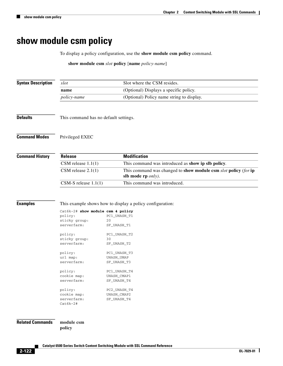 Cisco Systems OL-7029-01 manual Show module csm policy, Show module csm slot policy name policy-name, Slb mode rp only, 122 