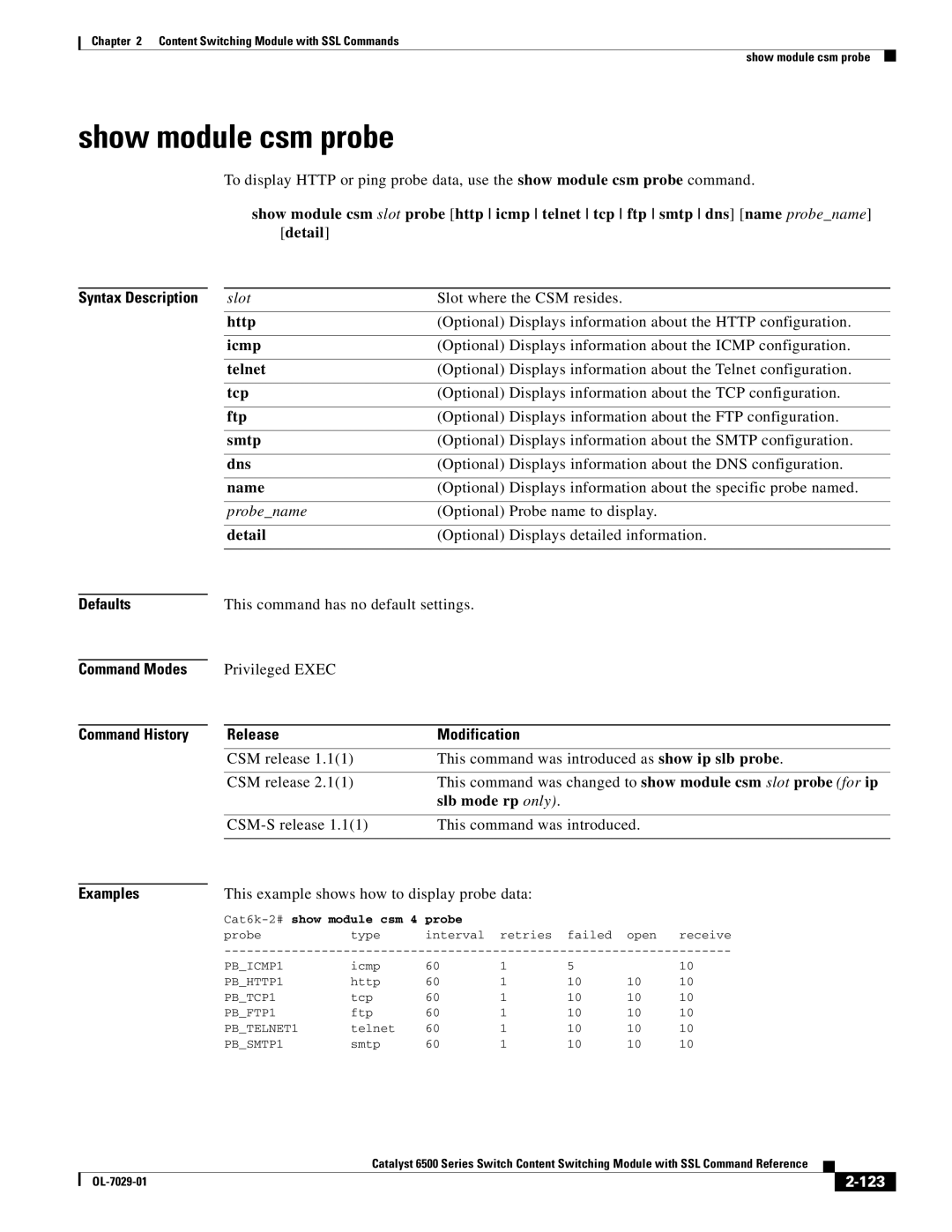 Cisco Systems OL-7029-01 manual Show module csm probe, 123 