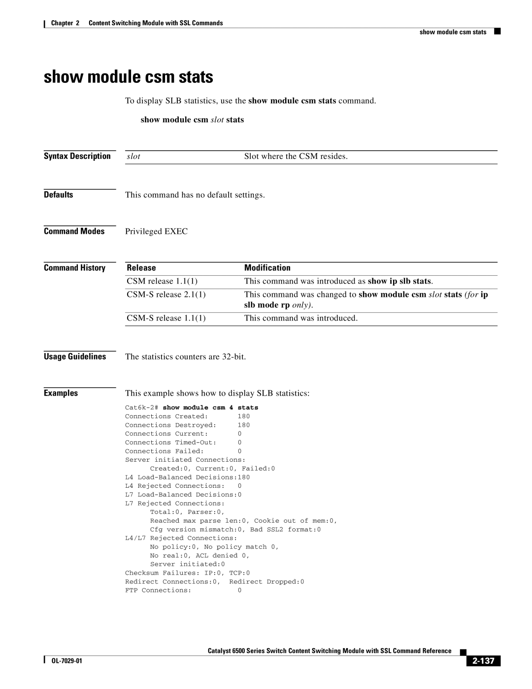 Cisco Systems OL-7029-01 manual Show module csm stats, Show module csm slot stats, Statistics counters are 32-bit, 137 