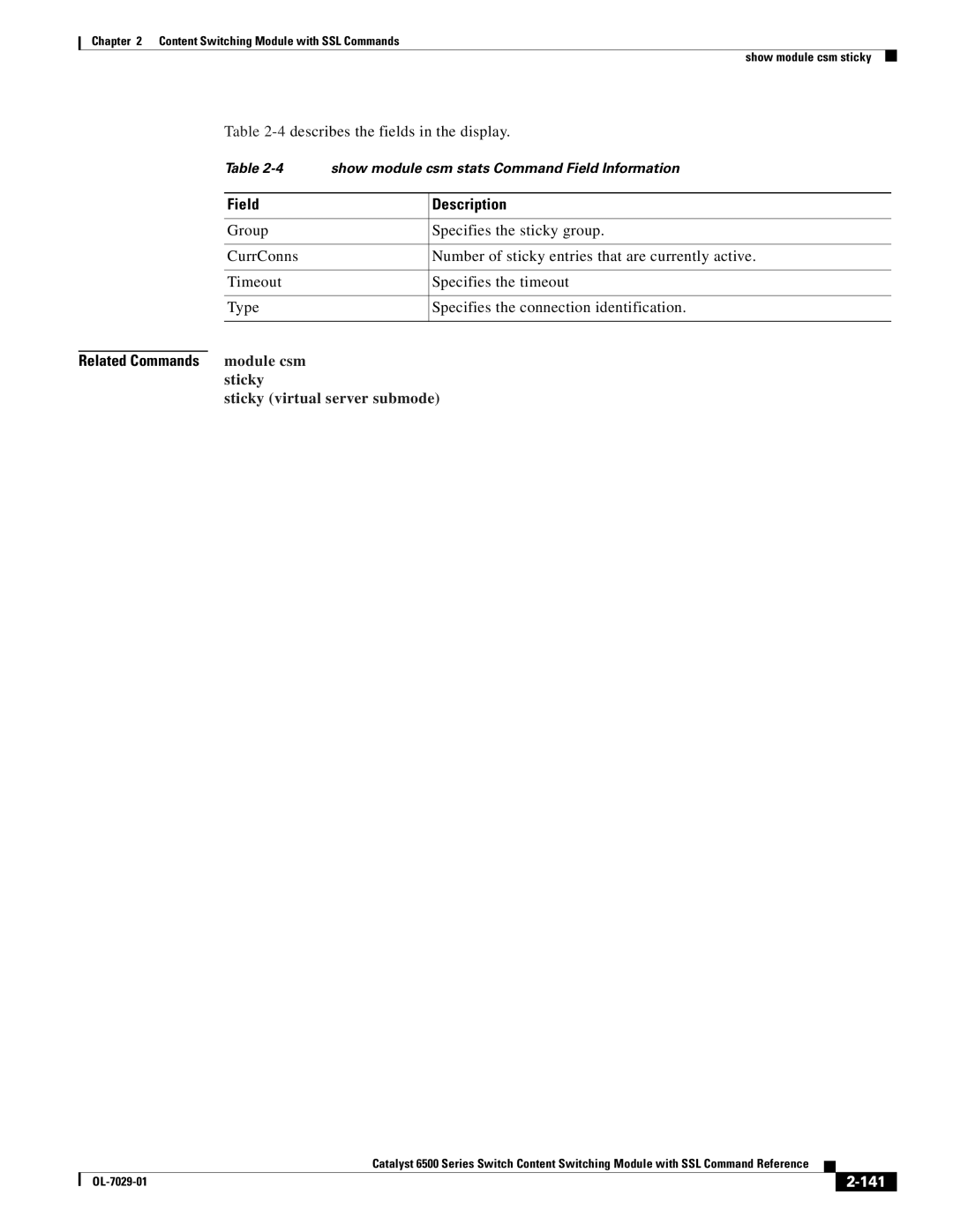 Cisco Systems OL-7029-01 manual 4describes the fields in the display, Sticky Sticky virtual server submode, 141 