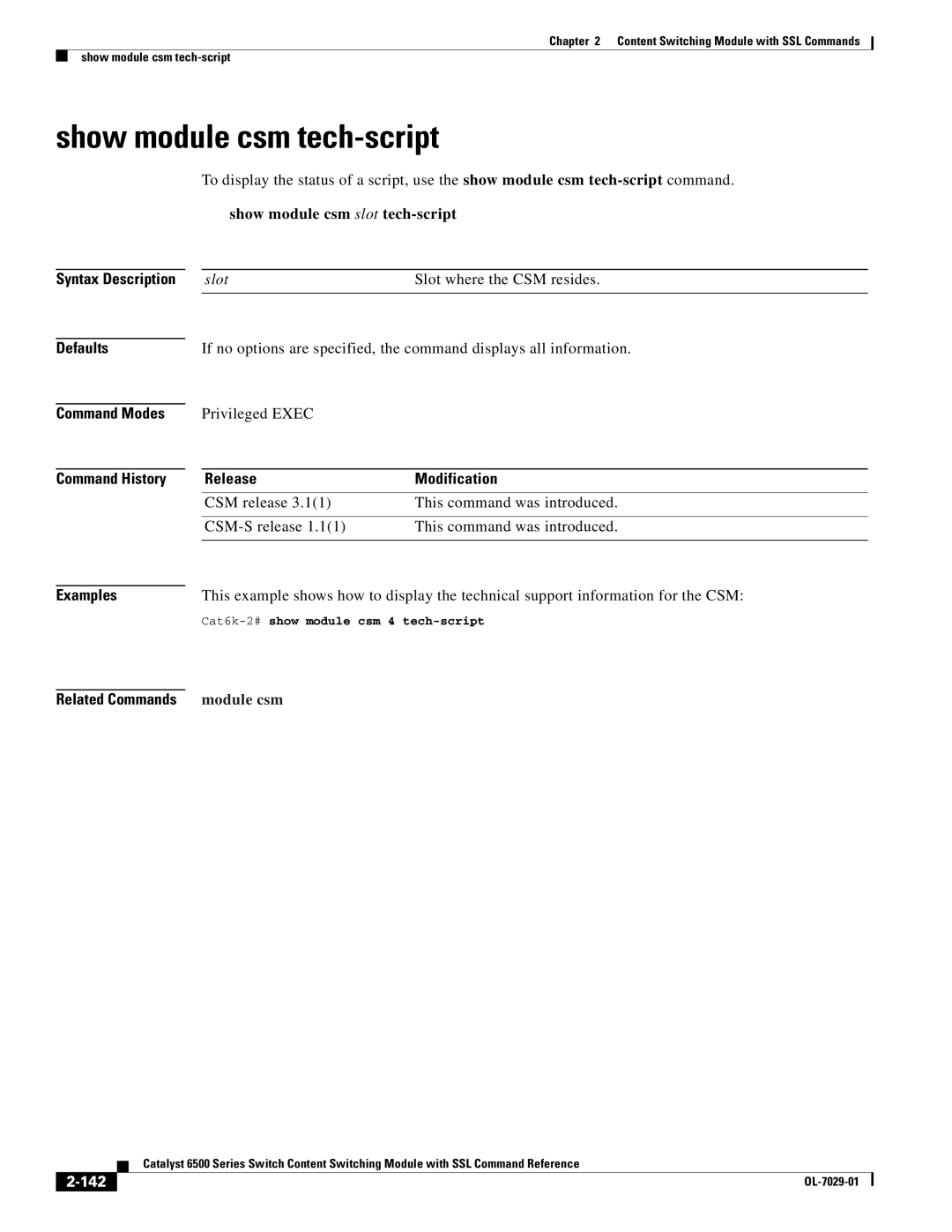 Cisco Systems OL-7029-01 manual Show module csm tech-script, Show module csm slot tech-script, 142 