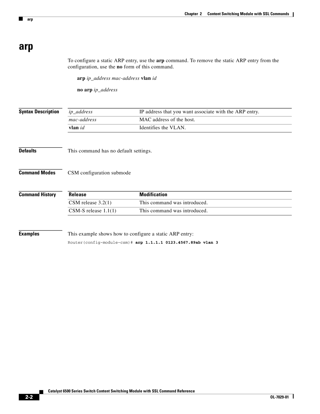 Cisco Systems OL-7029-01 manual Arp, Vlan id, Defaults Command Modes Command History, Release Modification, Examples 