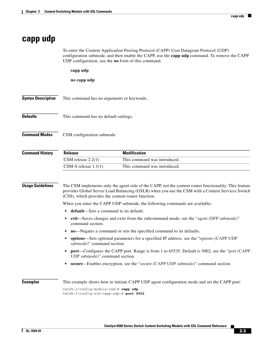 Cisco Systems OL-7029-01 manual Syntax Description Defaults, Capp udp No capp udp, Command Modes Command History 