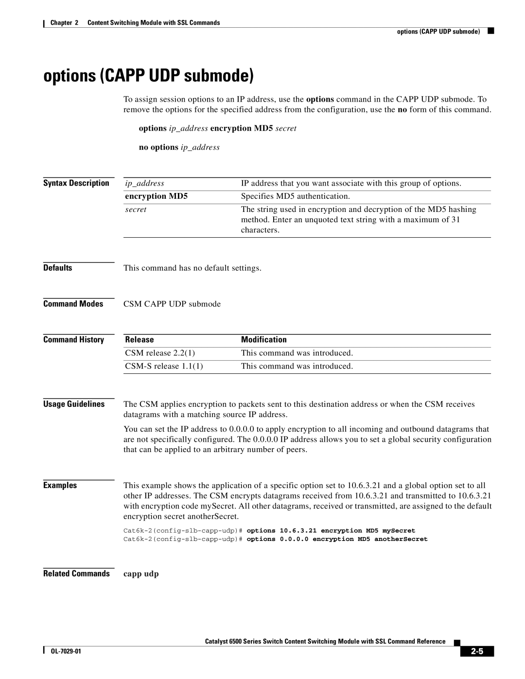 Cisco Systems OL-7029-01 manual Options Capp UDP submode, No options ipaddress, Encryption MD5, Usage Guidelines Examples 