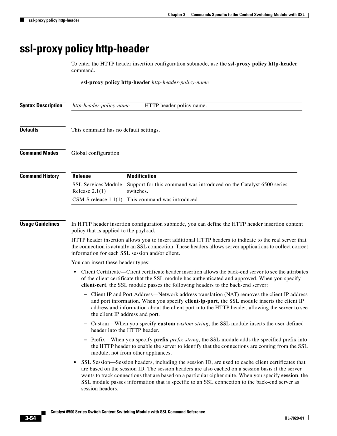 Cisco Systems OL-7029-01 manual Ssl-proxy policy http-header http-header-policy-name 