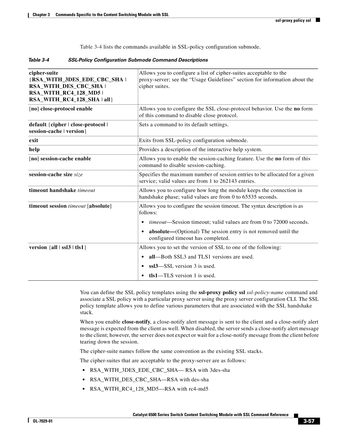 Cisco Systems OL-7029-01 manual Cipher-suite, RSAWITHRC4128SHA all No close-protocol enable, Default cipher close-protocol 