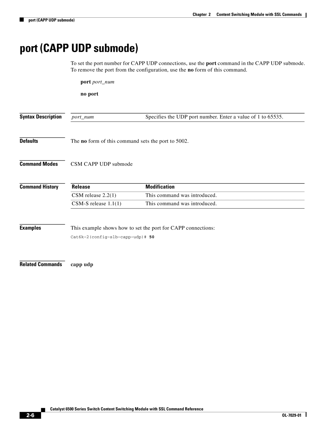 Cisco Systems OL-7029-01 manual Port Capp UDP submode, Port portnum no port, Capp udp 