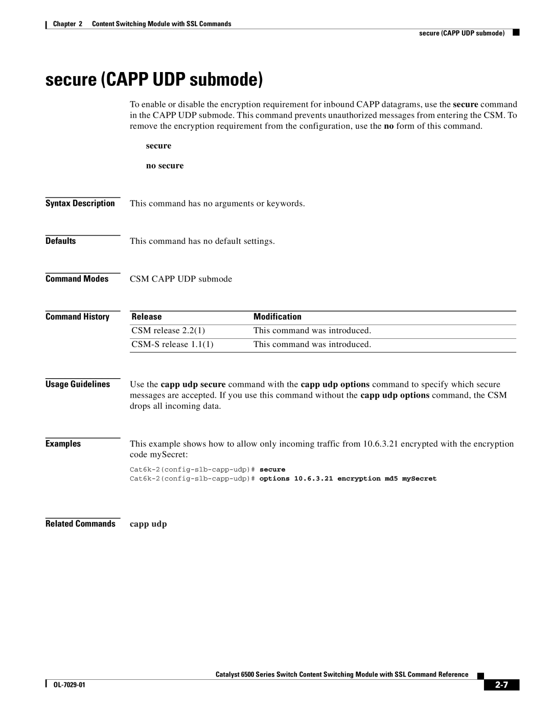 Cisco Systems OL-7029-01 manual Secure Capp UDP submode, Secure No secure 