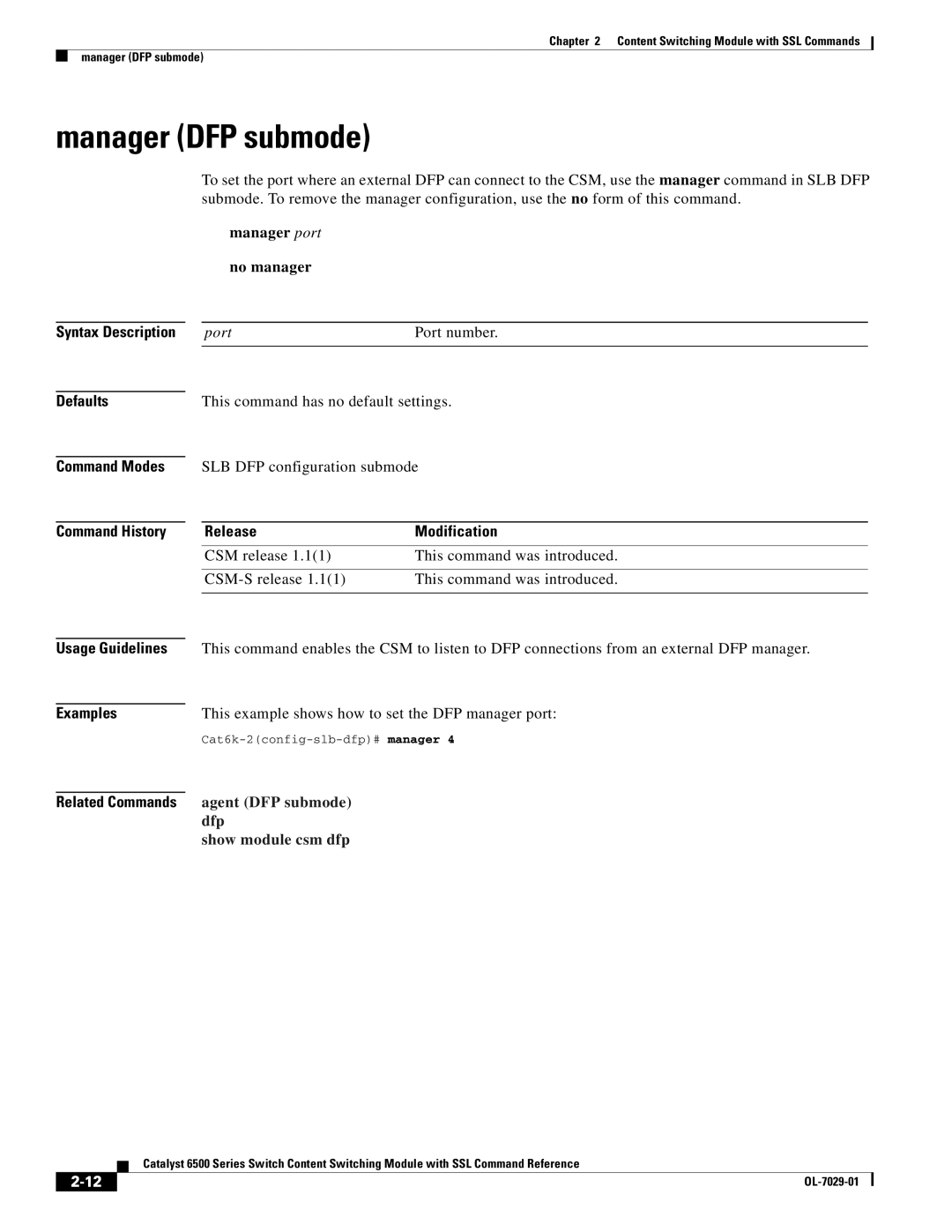 Cisco Systems OL-7029-01 manual Manager DFP submode, Syntax Description Defaults Command Modes, Manager port No manager 