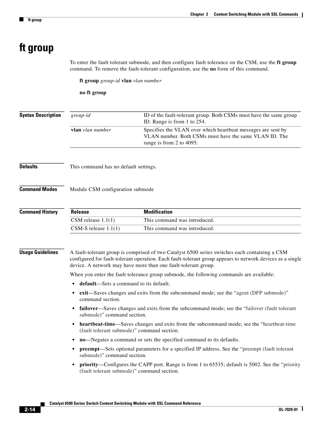 Cisco Systems OL-7029-01 manual Ft group group-id vlan vlan number, No ft group, Module CSM configuration submode 