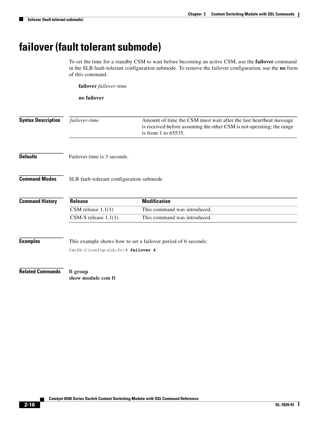 Cisco Systems OL-7029-01 manual Failover fault tolerant submode, Failover failover-time, No failover, Ft group 