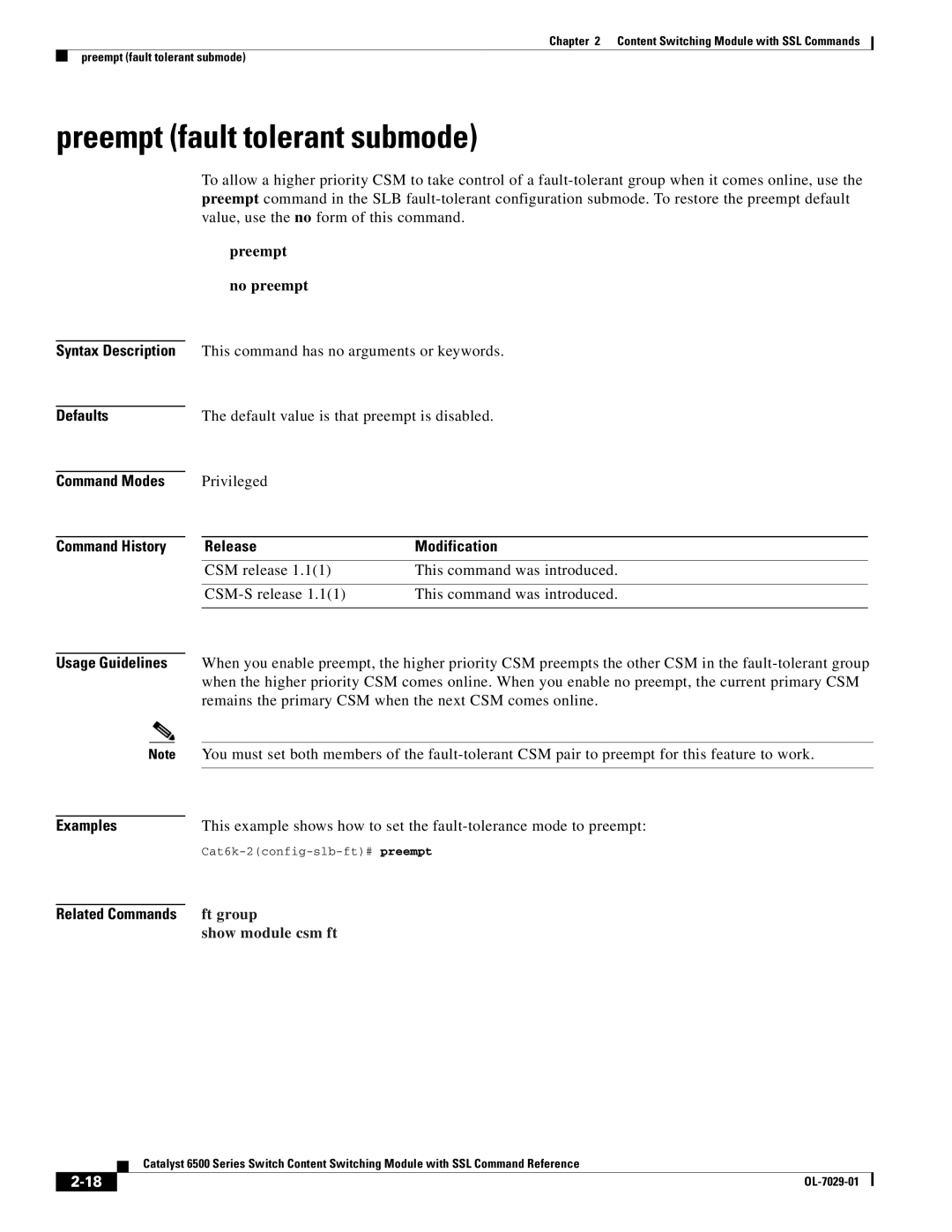 Cisco Systems OL-7029-01 manual Preempt fault tolerant submode, Preempt No preempt, Related Commands ft group 