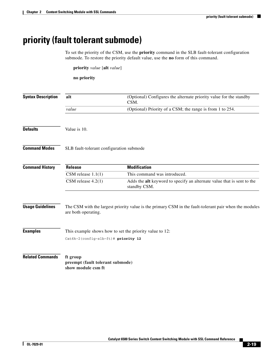 Cisco Systems OL-7029-01 manual Priority fault tolerant submode, Priority value alt value No priority Alt, Csm, Value 