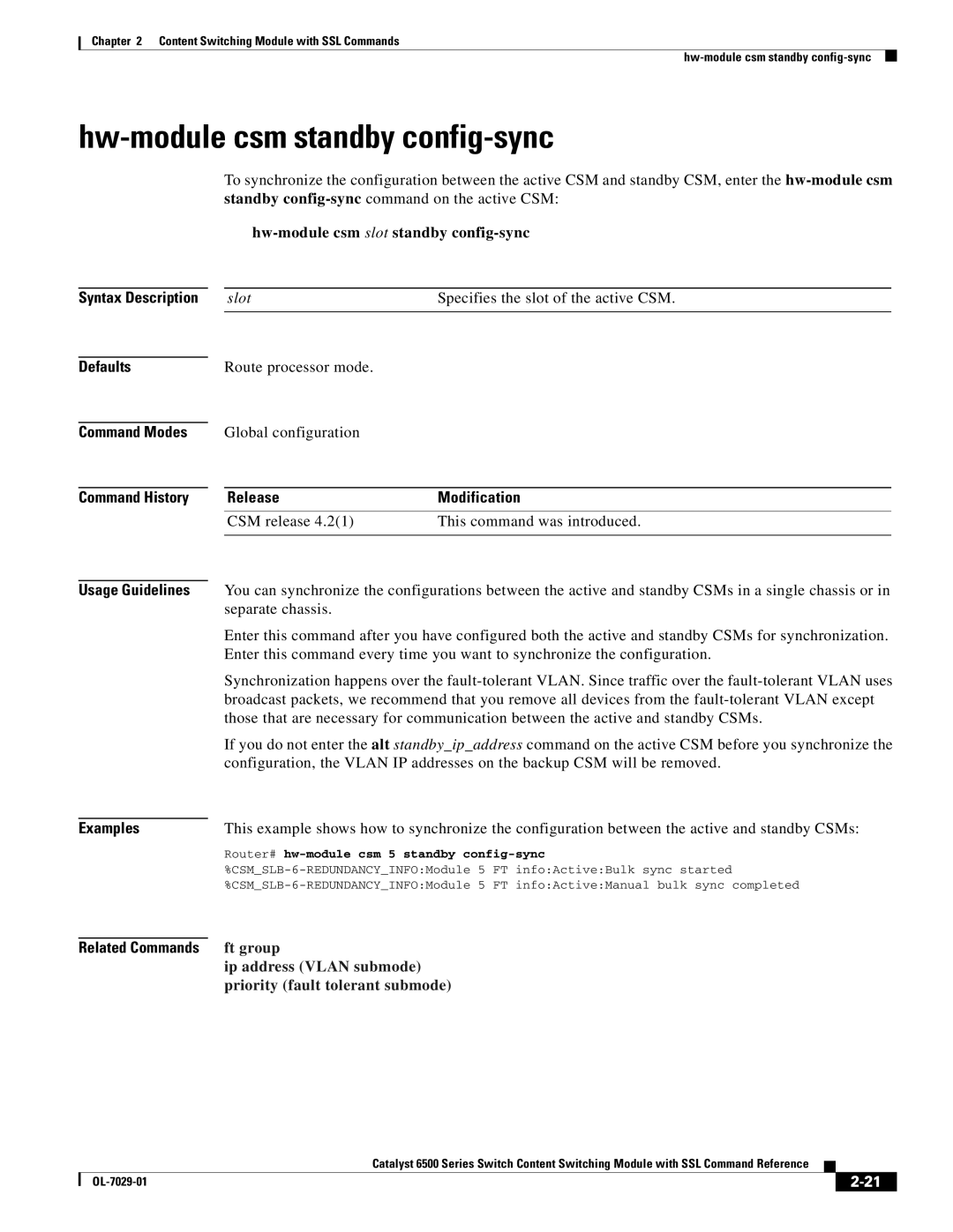 Cisco Systems OL-7029-01 Hw-module csm standby config-sync, Hw-module csm slot standby config-sync, ReleaseModification 