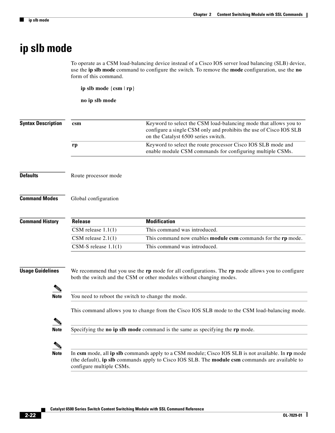 Cisco Systems OL-7029-01 manual Ip slb mode csm rp no ip slb mode Csm, On the Catalyst 6500 series switch 